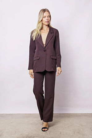 Kadın Yakalı Cep Kapaklı Uzun Kol Hafif Likralı Kumaş Oversize Blazer Ceket(Pantolonu Jument 40075)-Kahve