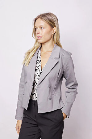 Kadın Yakalı Flato Cepli Uzun Kol Kruvaze Anvelop Hafif Likralı Kumaş Blazer Ceket-Gri