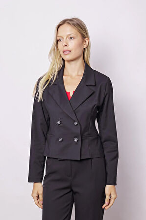 Kadın Yakalı Flato Cepli Uzun Kol Kruvaze Anvelop Hafif Likralı Kumaş Blazer Ceket-Siyah