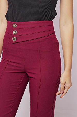 Kadın Yüksek Bel Önü Dikişli Kemeri Düğmeli Rahat Paça Hafif Likralı Kumaş Ofis Pantolon-Bordo