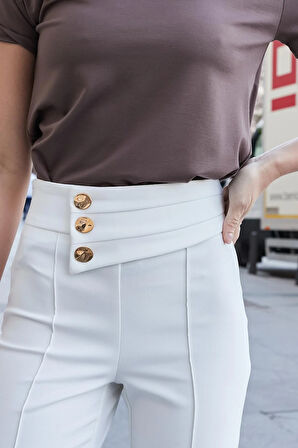 Kadın Yüksek Bel Önü Dikişli Kemeri Düğmeli Rahat Paça Hafif Likralı Kumaş Ofis Pantolon-Krem 