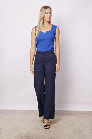 Kadın Yüksek Bel Pileli Yan Cepli Rahat Kesim Palazzo Pantolon-Lacivert