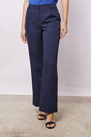 Kadın Yüksek Bel Pileli Yan Cepli Rahat Kesim Palazzo Pantolon-Lacivert