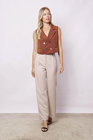 Kadın Yüksek Bel Pileli Yan Cepli Rahat Kesim Palazzo Pantolon-Taş