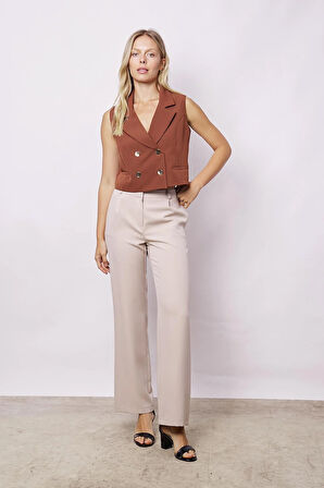 Kadın Yüksek Bel Pileli Yan Cepli Rahat Kesim Palazzo Pantolon-Taş