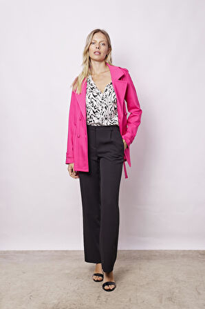 Kadın Kruvaze Anvelop Kemerli Hafif Likralı Kumaş Trençkot Ceket-Fujya