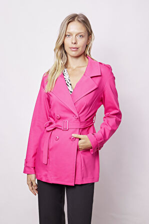 Kadın Kruvaze Anvelop Kemerli Hafif Likralı Kumaş Trençkot Ceket-Fujya