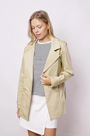 Kadın Kruvaze Anvelop Kemerli Hafif Likralı Kumaş Trençkot Ceket-Koyu Bej