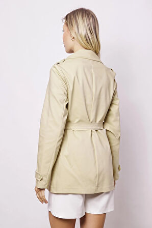 Kadın Kruvaze Anvelop Kemerli Hafif Likralı Kumaş Trençkot Ceket-Koyu Bej