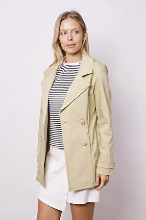 Kadın Kruvaze Anvelop Kemerli Hafif Likralı Kumaş Trençkot Ceket-Koyu Bej