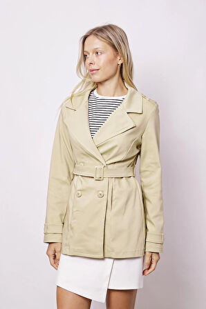 Kadın Kruvaze Anvelop Kemerli Hafif Likralı Kumaş Trençkot Ceket-Koyu Bej