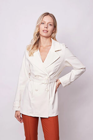 Kadın Kruvaze Anvelop Kemerli Hafif Likralı Kumaş Trençkot Ceket-Krem