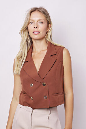 Likralı Kumaş Yakalı Flato Cep Kruvaze Şık Ofis Yelek(Etek ayrıdır kodu Jument 100116)-Koyu Taba