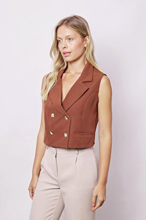 Likralı Kumaş Yakalı Flato Cep Kruvaze Şık Ofis Yelek(Etek ayrıdır kodu Jument 100116)-Koyu Taba