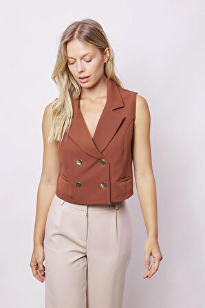 Likralı Kumaş Yakalı Flato Cep Kruvaze Şık Ofis Yelek(Etek ayrıdır kodu Jument 100116)-Koyu Taba