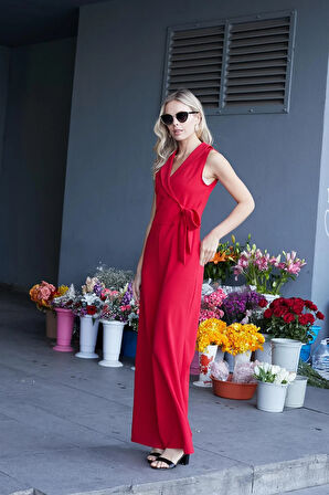 Kadın Likralı Krep Kruvaze Anvelop Yan Cepli Kolsuz Yakalı Şık Tulum-Kırmızı