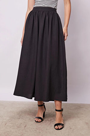 Kadın Baharlık Kumaş Maxi Boy Cepli Fermuar Detaylı Bİlek Boy Uzun Etek-Siyah