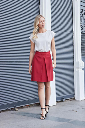 Kadın Yüksek Bel Hafif Likralı Kumaş Pilikaşeli Diz Boy Çan Etek-Kırmızı