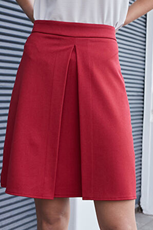 Kadın Yüksek Bel Hafif Likralı Kumaş Pilikaşeli Diz Boy Çan Etek-Kırmızı