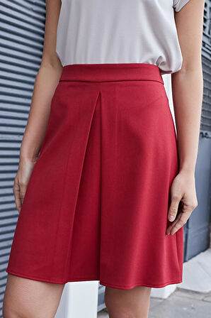 Kadın Yüksek Bel Hafif Likralı Kumaş Pilikaşeli Diz Boy Çan Etek-Kırmızı