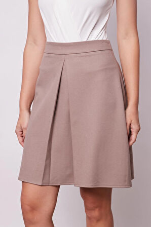 Kadın Yüksek Bel Hafif Likralı Kumaş Pilikaşeli Diz Boy Çan Etek-Vizon