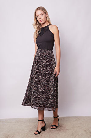 Kadın Desenli Şifon Astarlı Yüksek Bel Kemerli Midi Boy Diz Altı Uzun Çan Etek-Leopar