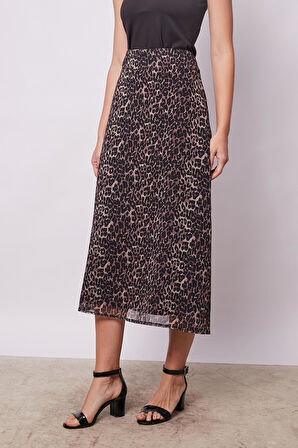 Kadın Desenli Şifon Astarlı Yüksek Bel Kemerli Midi Boy Diz Altı Uzun Çan Etek-Leopar
