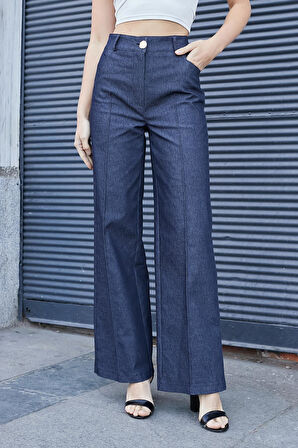 Kadın Hafif Likralı Kot Görünümlü Kumaş Yüksek Bel Alman Cepli Önü Çimalı Palazzo Pantolon-Lacivert