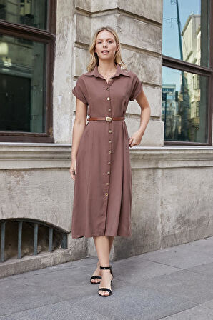Kadın Twill Modal Yakalı Düşük Omuzlu Duble Kol  Midi Boy Diz Altı Elbise(Deri Kemer Dahil)-Kahve