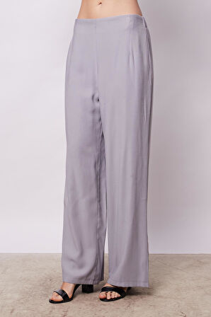 Kadın İpeksi Dokulu Modal Yüksek Bel Yan Cepli Arkası Lastikli Bol Paça Salaş Palazzo Pantolon-Gri