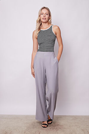 Kadın İpeksi Dokulu Modal Yüksek Bel Yan Cepli Arkası Lastikli Bol Paça Salaş Palazzo Pantolon-Gri