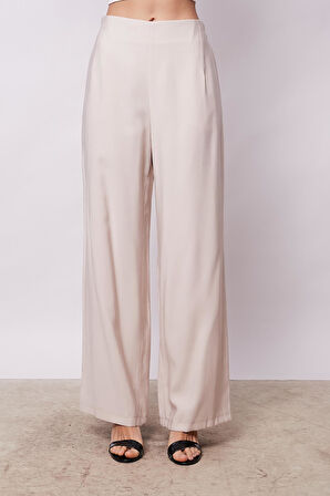 Kadın İpeksi Dokulu Modal Yüksek Bel Yan Cepli Arkası Lastikli Bol Paça Salaş Palazzo Pantolon-Taş