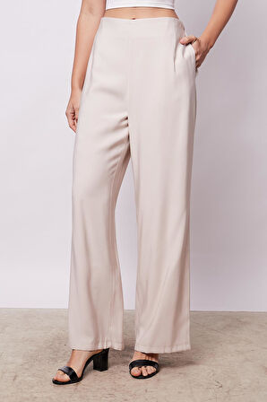 Kadın İpeksi Dokulu Modal Yüksek Bel Yan Cepli Arkası Lastikli Bol Paça Salaş Palazzo Pantolon-Taş