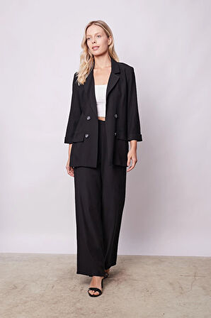 Kadın İpeksi Dokulu Modal Kumaş Yakalı Cep Kapaklı Oversize Salaş Blazer Ceket-Siyah