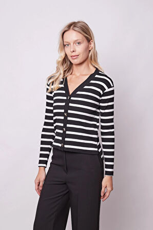 Kadın Çizgi Desenli Likralı Kaşkorse V Yaka Yanları Yırtmaçlı Uzun Hırka-Siyah Çizgi