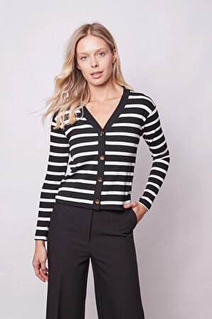 Kadın Çizgi Desenli Likralı Kaşkorse V Yaka Yanları Yırtmaçlı Uzun Hırka-Siyah Çizgi