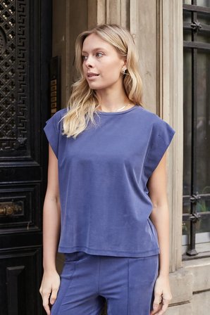 Kadın Modal İpeksi Likralı Kumaş Geniş Sıfır Yaka Düşük Omuzlu T-shirt Bluz-İndigo