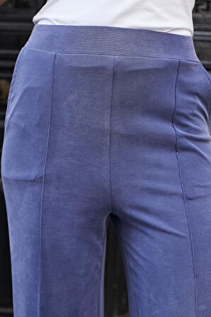 Kadın Modal İpeksi Likralı Kumaş Yüksek Bel Önden Dikişli Cepli Bol Paça Palazzo Pantolon-İndigo