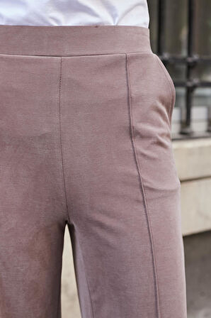 Kadın Modal İpeksi Likralı Kumaş Yüksek Bel Önden Dikişli Cepli Bol Paça Palazzo Pantolon-Kahve