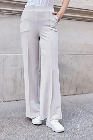 Kadın Modal İpeksi Likralı Kumaş Yüksek Bel Önden Dikişli Cepli Bol Paça Palazzo Pantolon-Taş