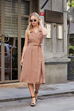 Kadın İpeksi Modal Likrasız Kumaş  Anvelop Kruvaze Yakalı Cepli Bağcıklı Midi Boy Diz Altı Elbise-Fındık Kabuğu