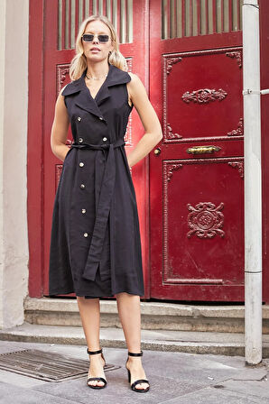 Kadın İpeksi Modal Likrasız Kumaş  Anvelop Kruvaze Yakalı Cepli Bağcıklı Midi Boy Diz Altı Elbise-Siyah