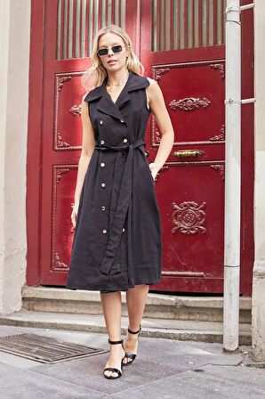 Kadın İpeksi Modal Likrasız Kumaş  Anvelop Kruvaze Yakalı Cepli Bağcıklı Midi Boy Diz Altı Elbise-Siyah