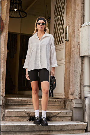 Kadın Likrasız Keten Kumaş Yakalı Cepli Düşük Omuzlu Salaş Oversize Tunik Gömlek-Krem