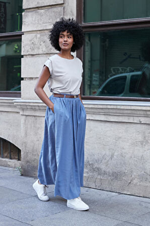 Kadın İpeksi Dokulu Modal Kumaş Cepli Beli Lastikli Bilek Boy Uzun Etek(Deri Kemer Dahil)-İndigo