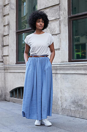 Kadın İpeksi Dokulu Modal Kumaş Cepli Beli Lastikli Bilek Boy Uzun Etek(Deri Kemer Dahil)-İndigo