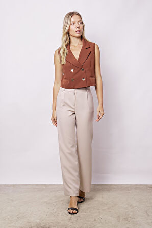 Kadın Yüksek Bel Pileli Yan Cepli Rahat Kesim Palazzo Pantolon-Taş