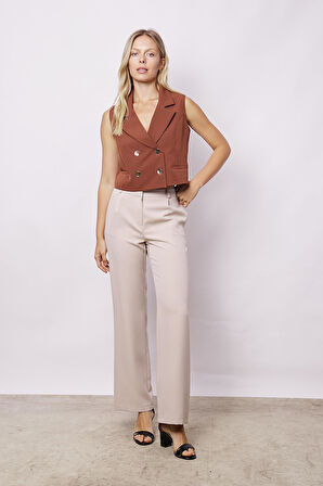 Kadın Yüksek Bel Pileli Yan Cepli Rahat Kesim Palazzo Pantolon-Taş