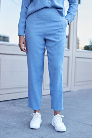 Kadın Likrasız Modal Kumaş Yüksek Bel Beli Lastikli Yan Cepli Dar Paça Bilek Boy Pantolon-İndigo