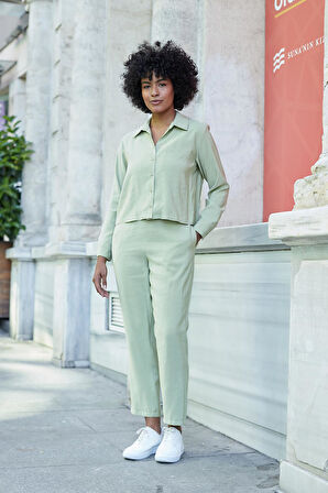 Kadın Likrasız Modal Kumaş Yüksek Bel Beli Lastikli Yan Cepli Dar Paça Bilek Boy Pantolon-Yağ Yeşili